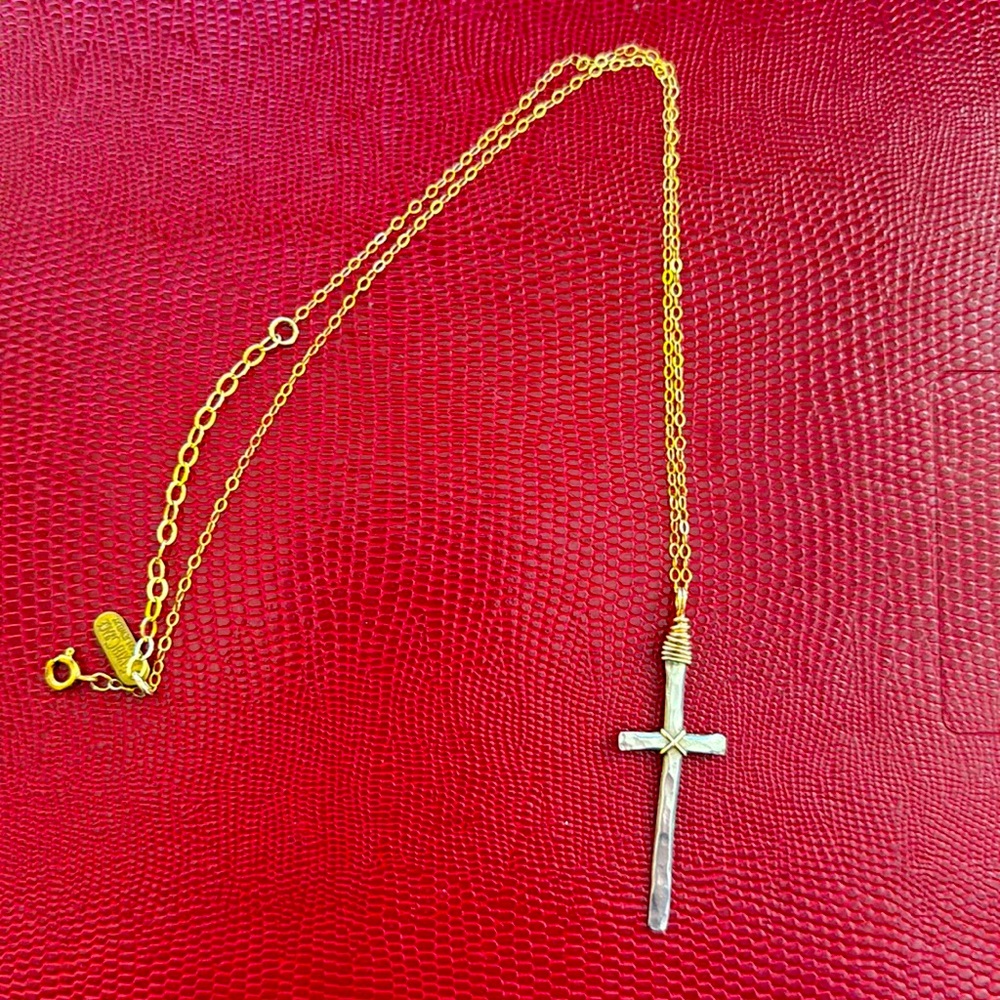 Handmade Earth Grace Artisan Jewelry. Mixed metal cross necklace.